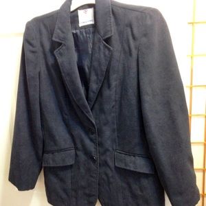Dark blue cotton poly blend suede-cloth blazer.